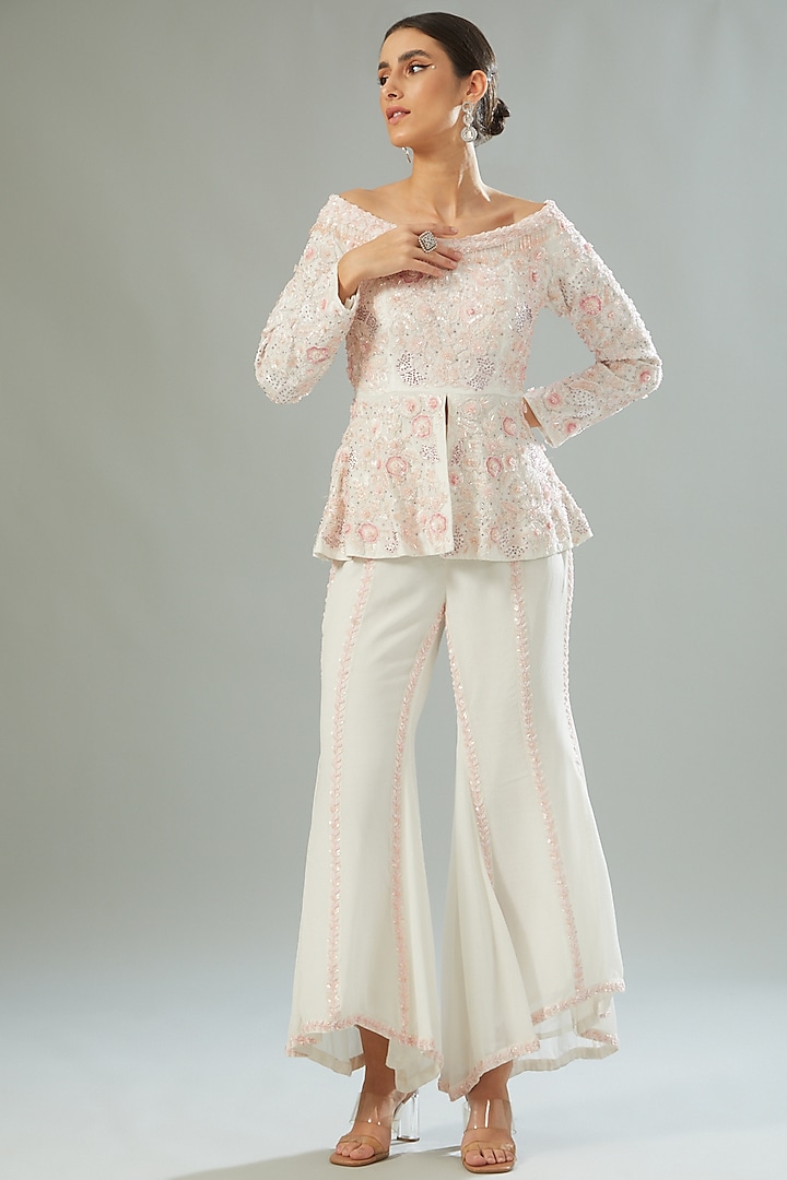 Ivory Georgette & Organza Pant Set by Akanksha Mago at Pernia's Pop Up Shop