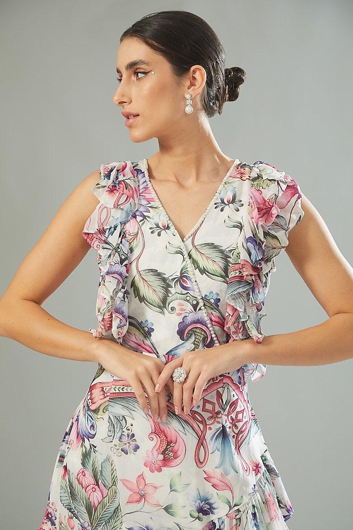 White Cotton Printed Ruffled Summer Dress by Akanksha Mago at Pernia's Pop Up Shop