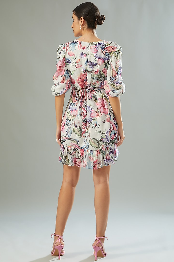 White Georgette Floral Printed Ruffled Vacation Dress by Akanksha Mago at Pernia's Pop Up Shop