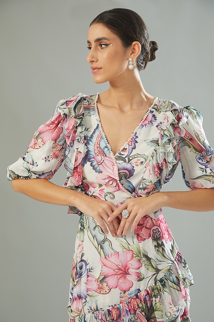 White Georgette Floral Printed Ruffled Vacation Dress by Akanksha Mago at Pernia's Pop Up Shop
