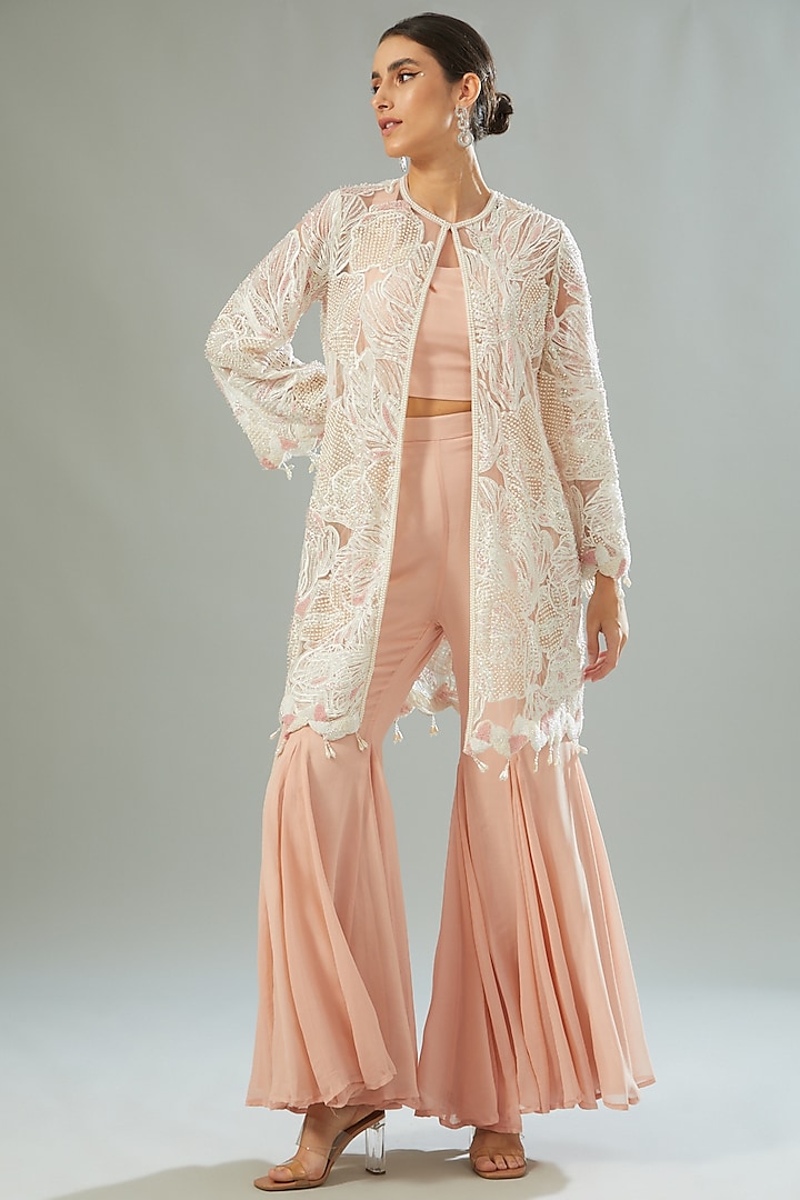 Ivory Net Hand Embroidered Jacket Set by Akanksha Mago at Pernia's Pop Up Shop