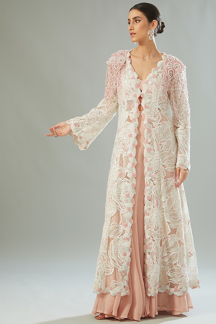 Ivory Net Hand Embroidered Jacket Set by Akanksha Mago at Pernia's Pop Up Shop