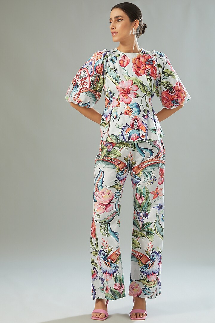 White Cotton Printed Pant Set by Akanksha Mago at Pernia's Pop Up Shop