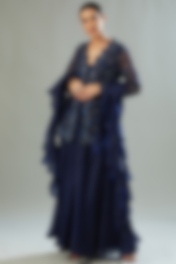 Midnight Blue Viscose Organza Wedding Sharara Set by Akanksha Mago at Pernia's Pop Up Shop