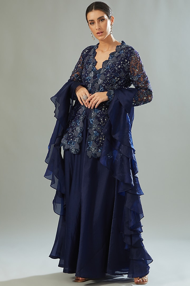 Midnight Blue Viscose Organza Wedding Sharara Set by Akanksha Mago at Pernia's Pop Up Shop