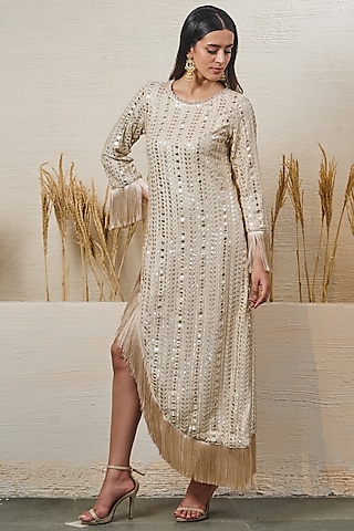 Ivory Georgette Zari Work High-Low Dress by Akanksha Mago