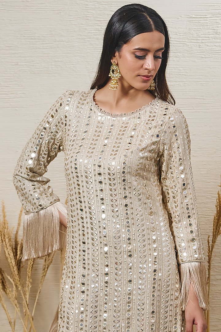 Ivory Georgette Zari Work High-Low Cocktail Dress by Akanksha Mago at Pernia's Pop Up Shop