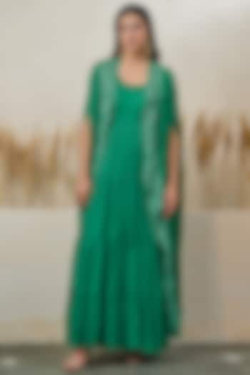 Emerald Green Georgette Dori Work Gown With Cape by Akanksha Mago at Pernia's Pop Up Shop