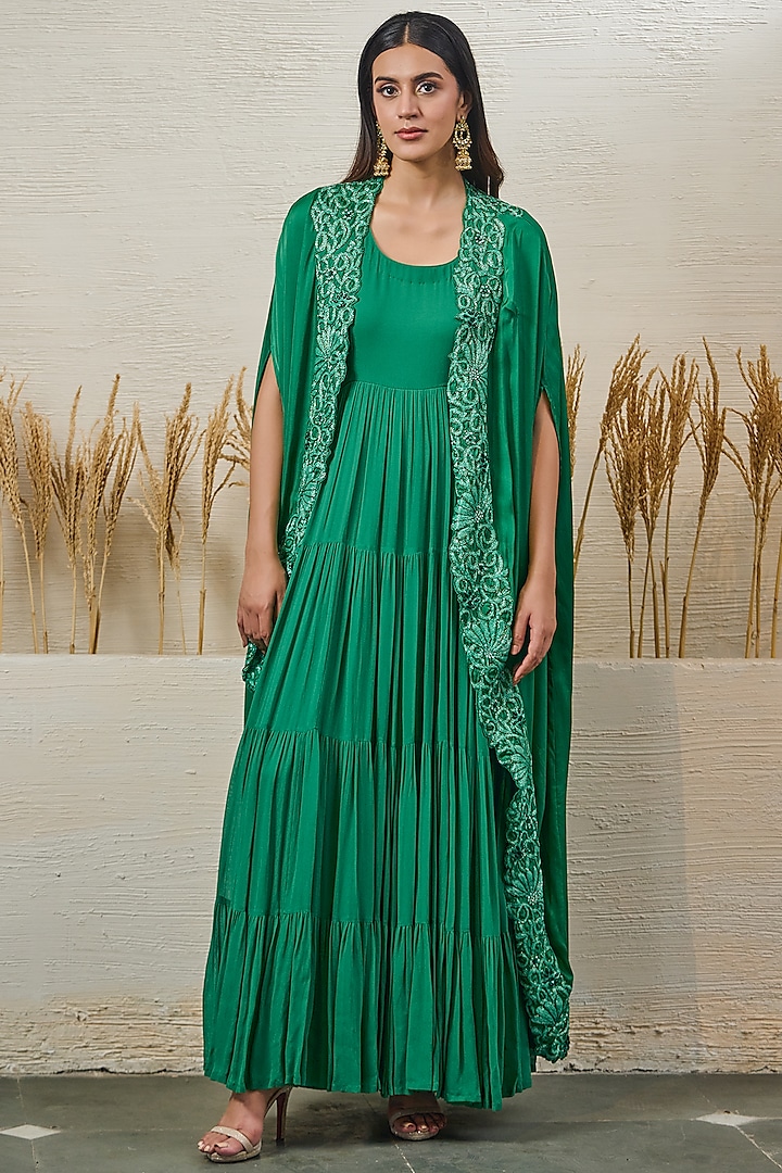 Emerald Green Georgette Dori Work Gown With Cape by Akanksha Mago at Pernia's Pop Up Shop