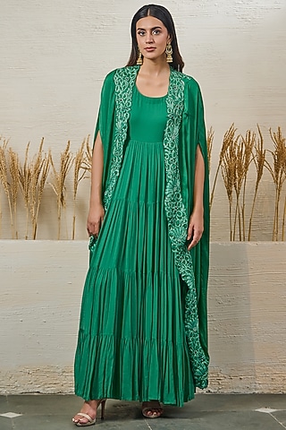 Emerald Green Georgette Dori Work Gown With Cape by Akanksha Mago
