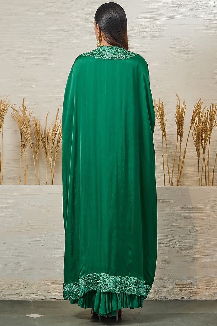 Emerald Green Georgette Dori Work Engagement Gown With Cape by Akanksha Mago at Pernia's Pop Up Shop