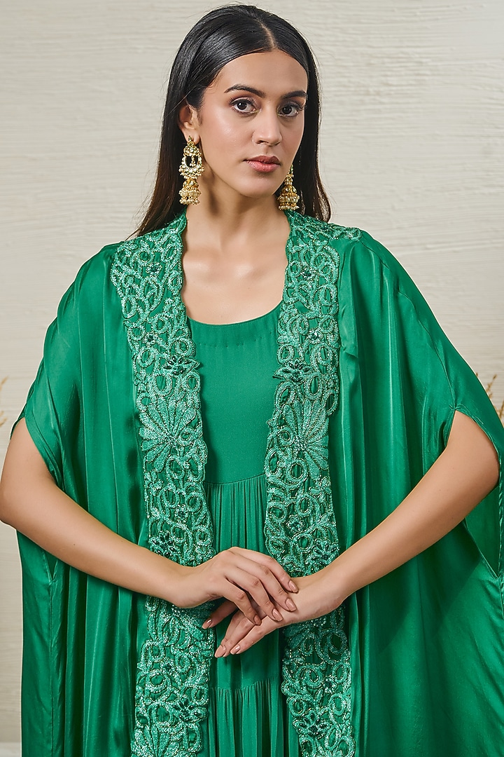 Emerald Green Georgette Dori Work Engagement Gown With Cape by Akanksha Mago at Pernia's Pop Up Shop