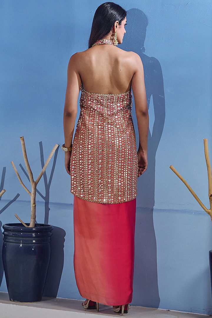 Red & Orange Ombre Georgette Skirt Set by Akanksha Mago at Pernia's Pop Up Shop