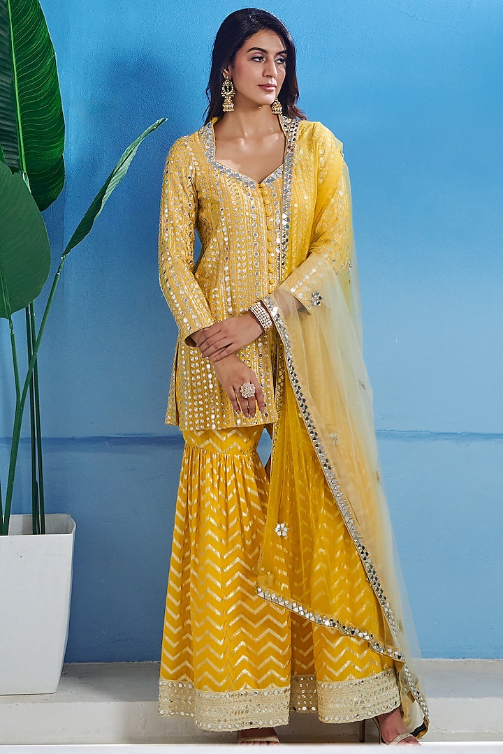 Yellow Georgette Zari & Patra Work Sharara Set by Akanksha Mago at Pernia's Pop Up Shop