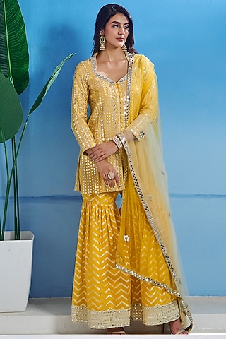 Yellow Georgette Zari & Patra Work Sharara Set by Akanksha Mago