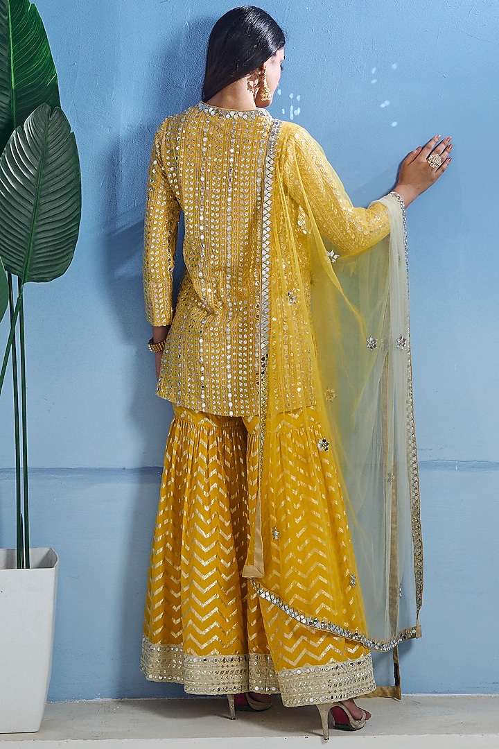 Yellow Georgette Zari & Patra Work Wedding Sharara Set by Akanksha Mago at Pernia's Pop Up Shop