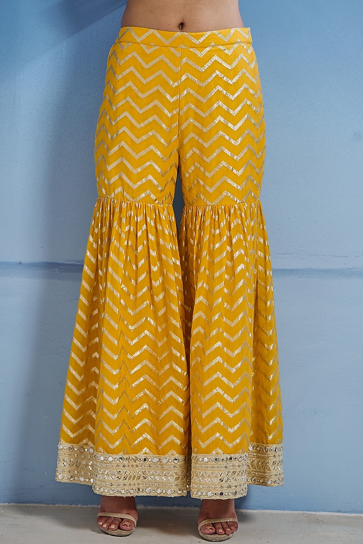 Yellow Georgette Zari & Patra Work Wedding Sharara Set by Akanksha Mago at Pernia's Pop Up Shop