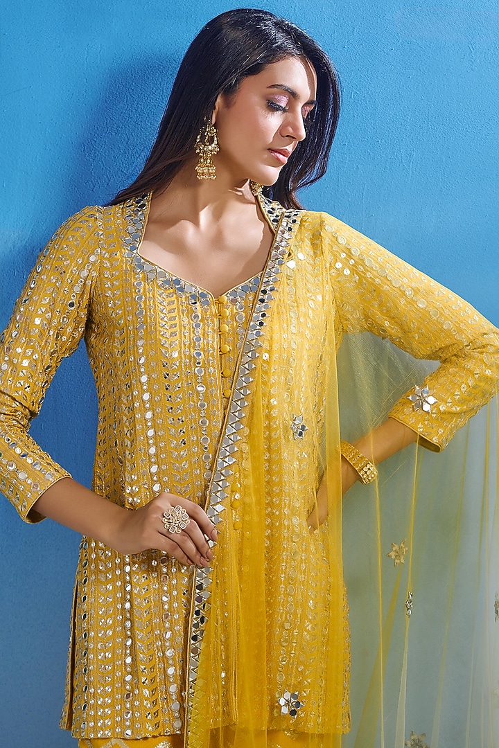 Yellow Georgette Zari & Patra Work Wedding Sharara Set by Akanksha Mago at Pernia's Pop Up Shop