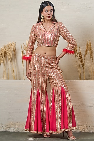 Peach & Red Ombre Georgette Gharara Set by Akanksha Mago