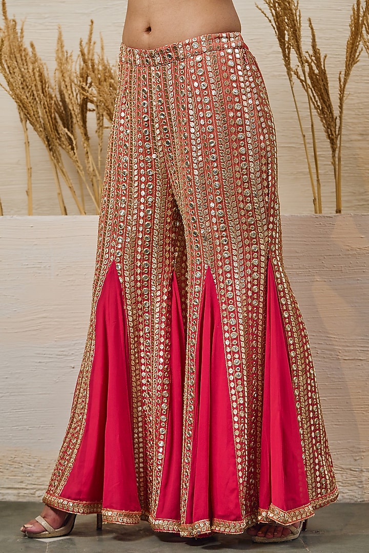Peach & Red Ombre Georgette Gharara Set by Akanksha Mago at Pernia's Pop Up Shop
