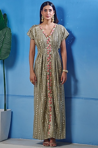 Green Georgette Zari & Patra Work Kaftan Gown With Pants by Akanksha Mago