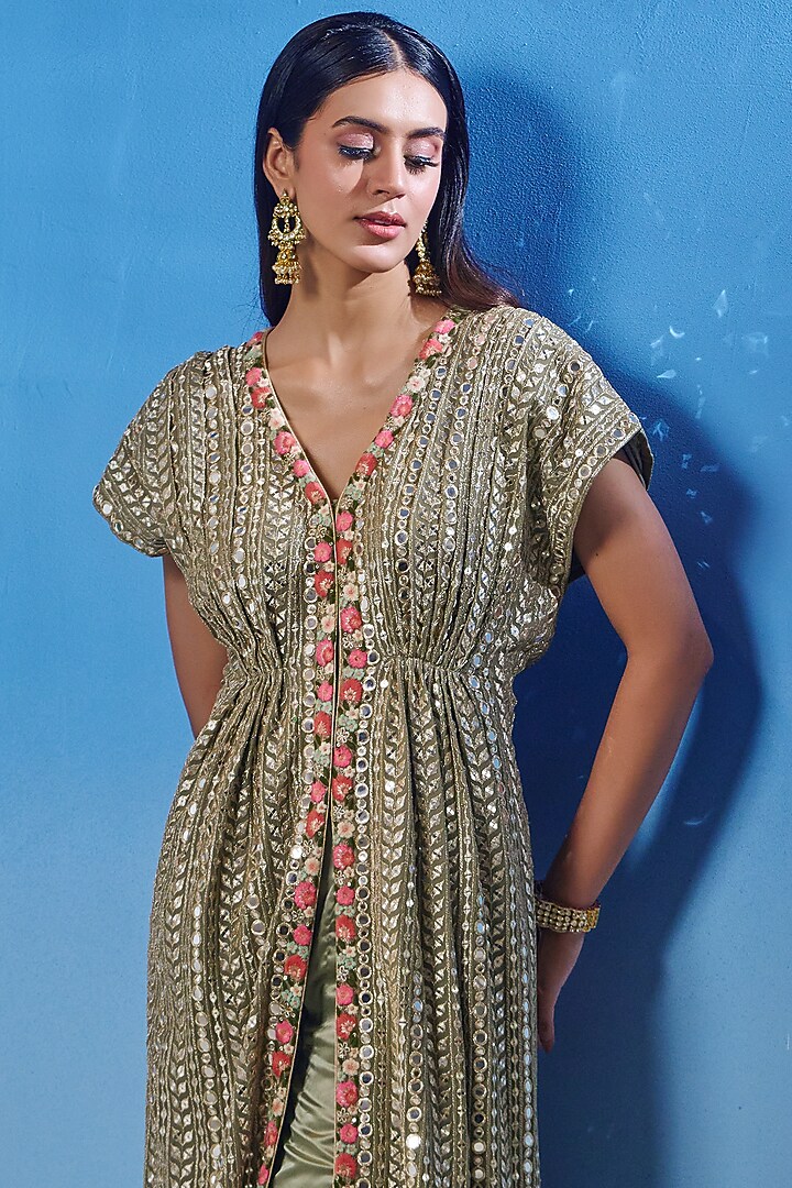 Green Georgette Zari & Patra Work Kaftan Engagement Gown With Pants by Akanksha Mago at Pernia's Pop Up Shop