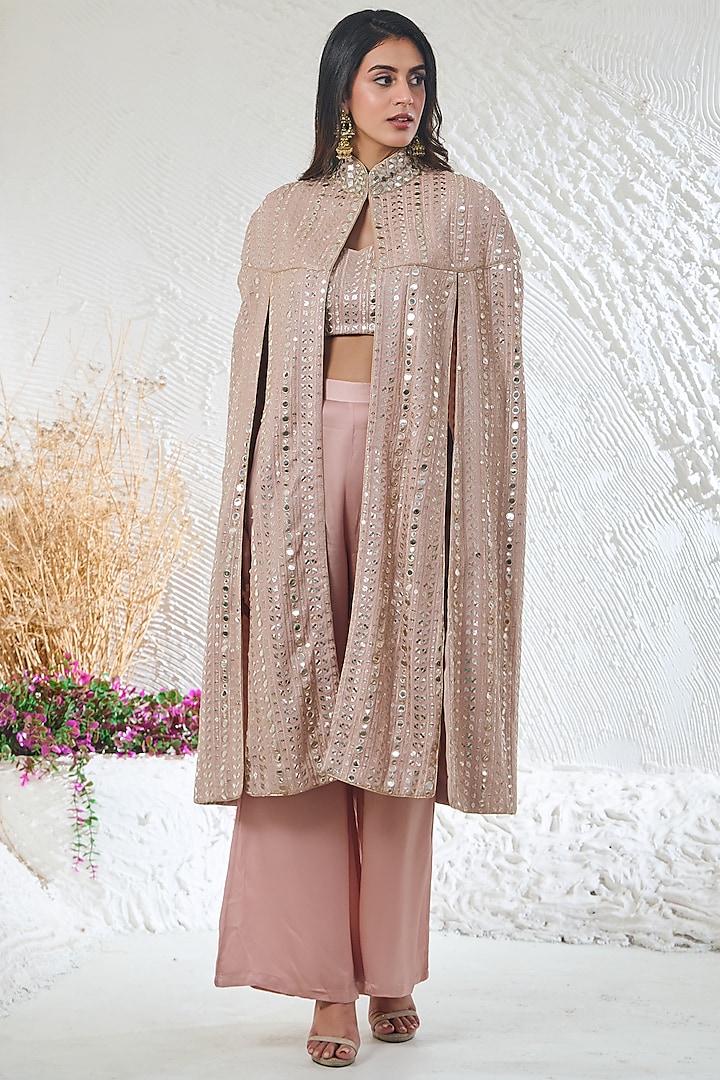 Nude Pink Georgette Zari Work Cape Style Jacket Set by Akanksha Mago at Pernia's Pop Up Shop