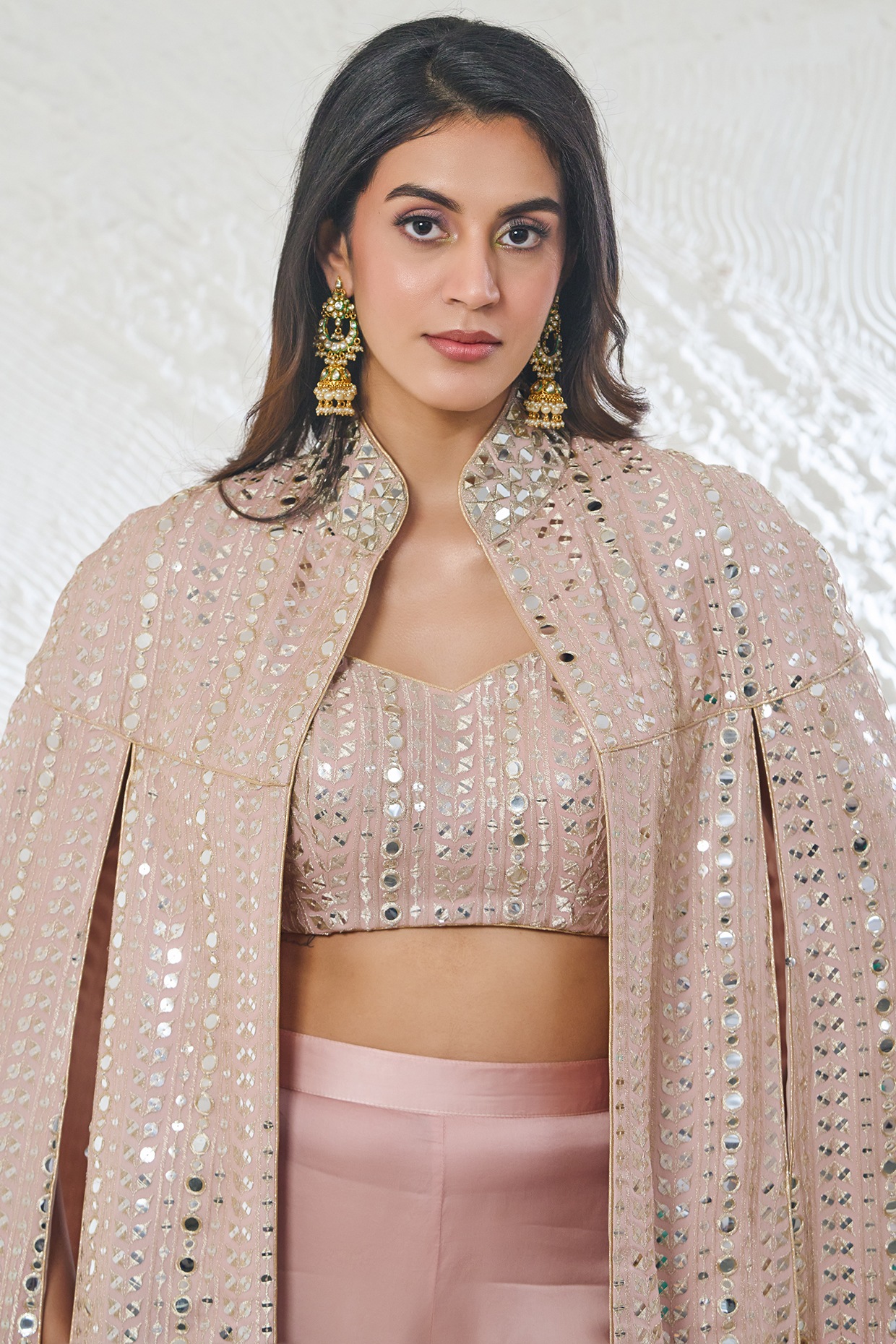 Nude Pink Georgette Zari Work Cape Style Jacket Set by Akanksha