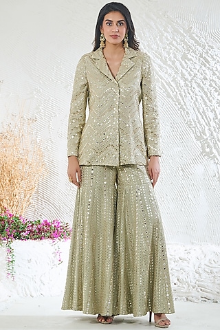 Sage Green Georgette Zari Work Sharara Set by Akanksha Mago
