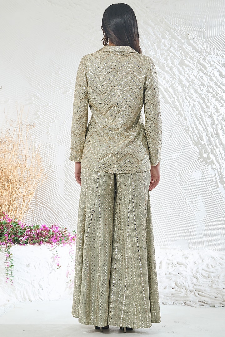 Sage Green Georgette Zari Work Wedding Sharara Set by Akanksha Mago at Pernia's Pop Up Shop