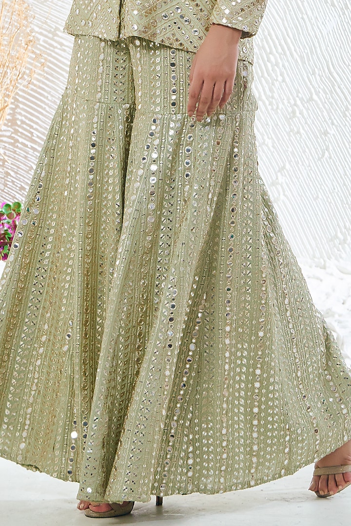 Sage Green Georgette Zari Work Wedding Sharara Set by Akanksha Mago at Pernia's Pop Up Shop