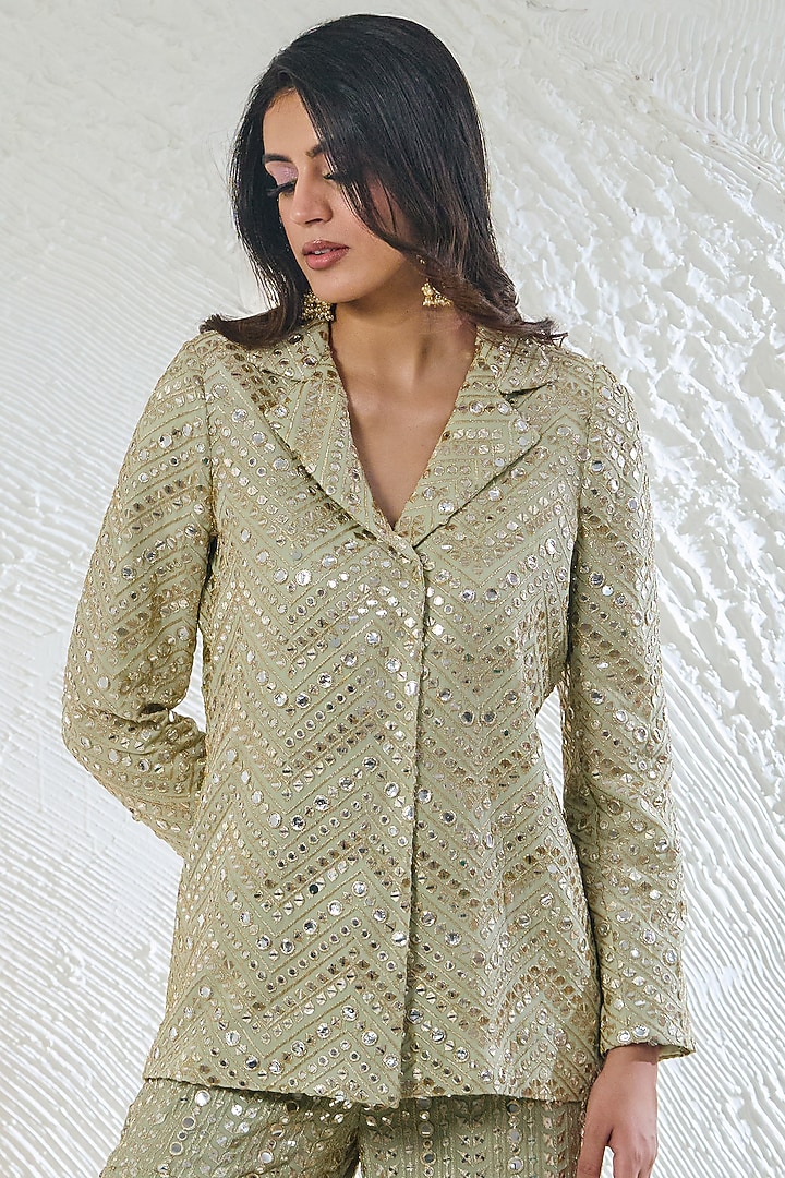Sage Green Georgette Zari Work Wedding Sharara Set by Akanksha Mago at Pernia's Pop Up Shop
