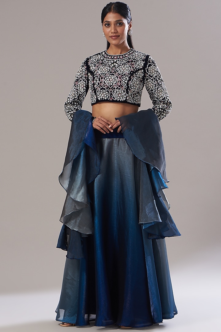 Cobalt Blue Organza Skirt Set by Akanksha Mago