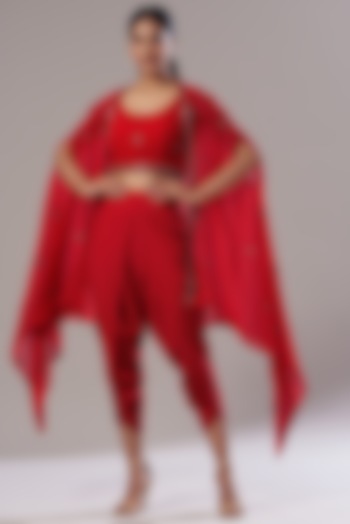 Red Georgette Draped Dhoti Set by Akanksha Mago