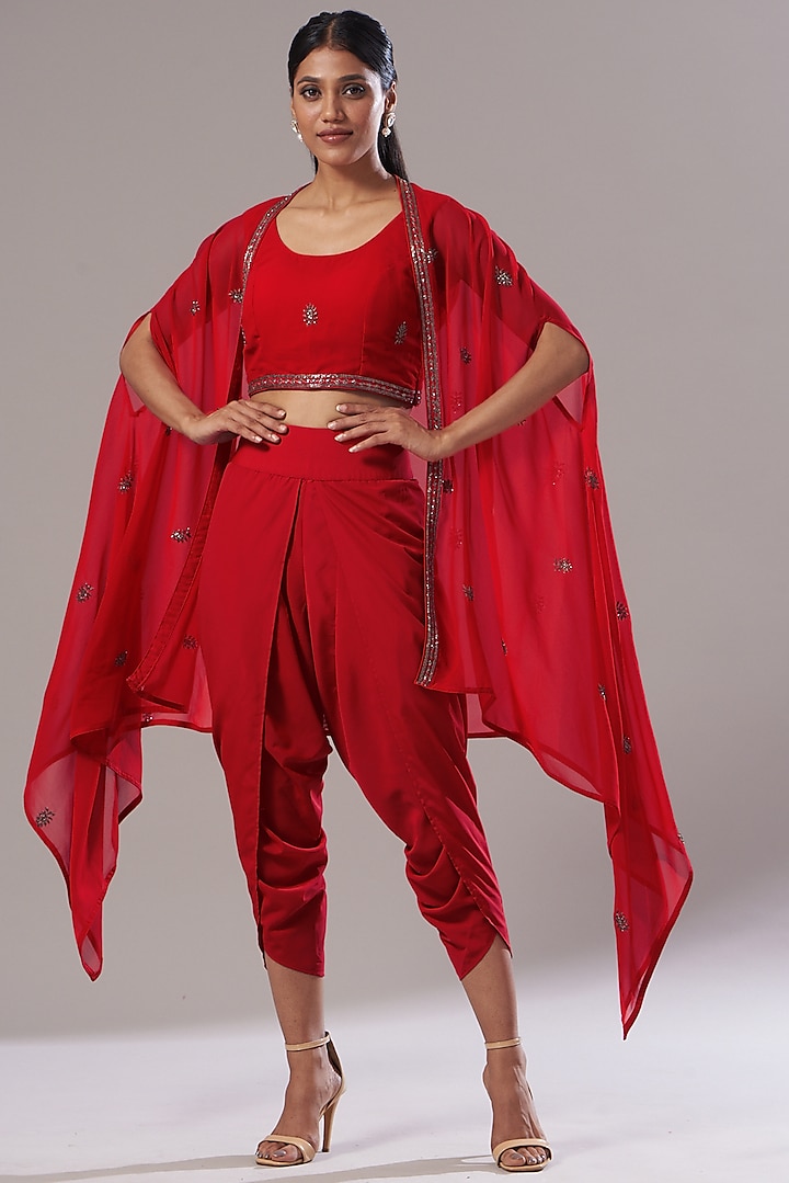 Red Georgette Draped Dhoti Set by Akanksha Mago