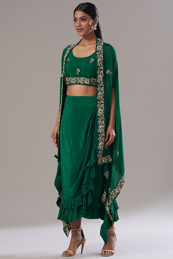 Emerald Green Ruffled Skirt Set by Akanksha Mago