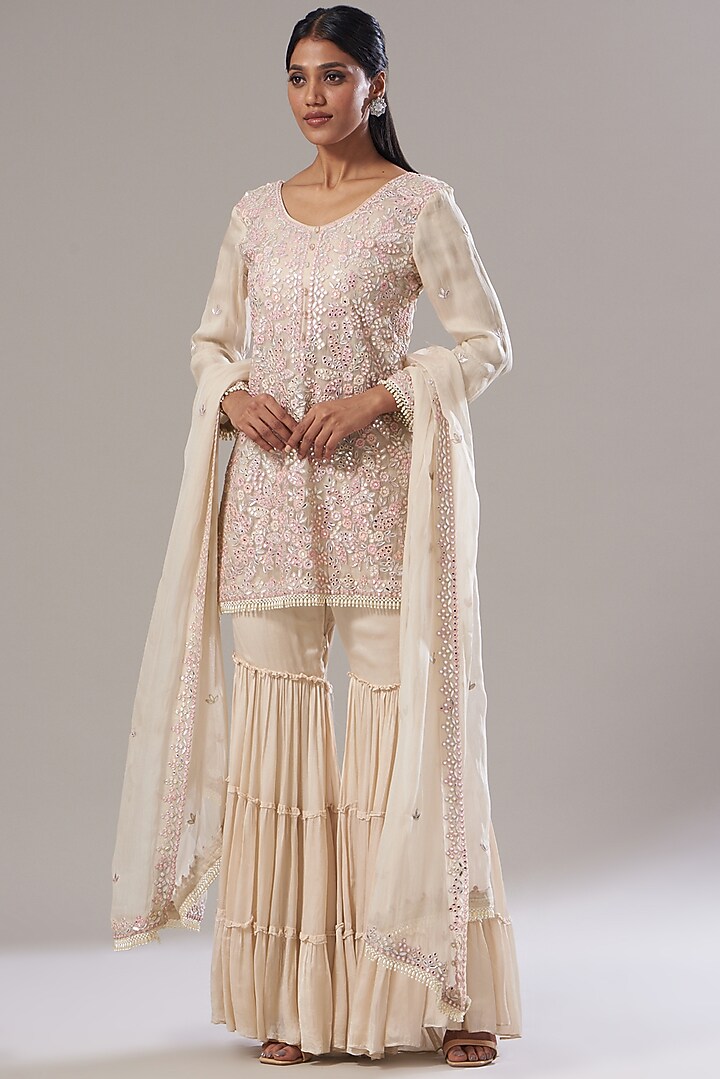 Blush Pink Satin Georgette Gharara Set by Akanksha Mago at Pernia's Pop Up Shop