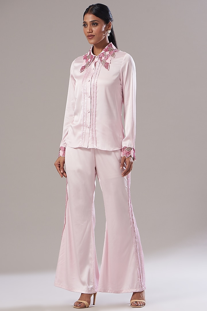 Blush Pink Italian Satin Pant Set by Akanksha Mago at Pernia's Pop Up Shop