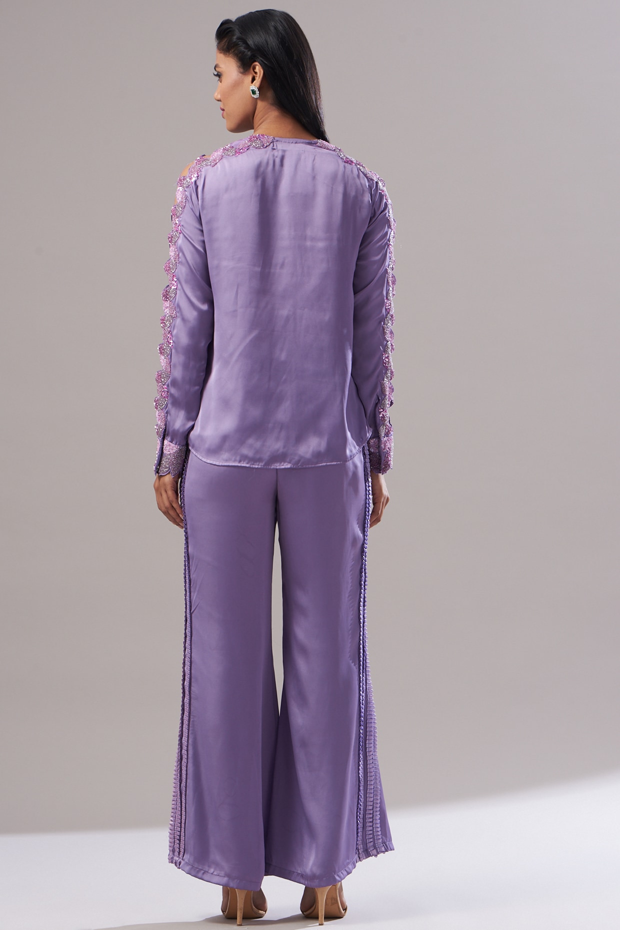 Purple Italian Satin Bell Bottom Pant Set Design by Akanksha Mago