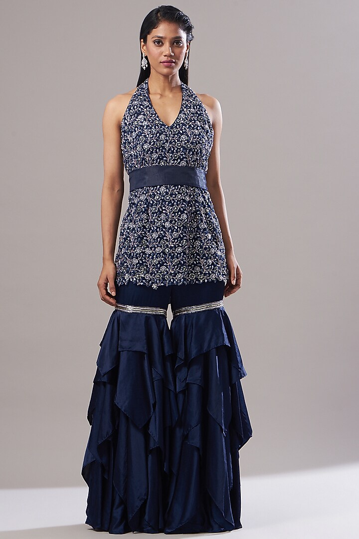 Cobalt Blue Satin Gharara Set by Akanksha Mago at Pernia's Pop Up Shop