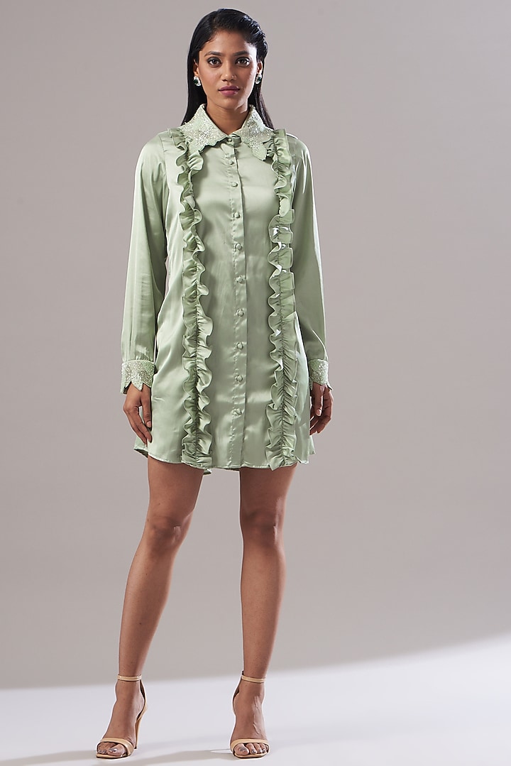 Olive Green Hand Embroidered Shirt Dress by Akanksha Mago