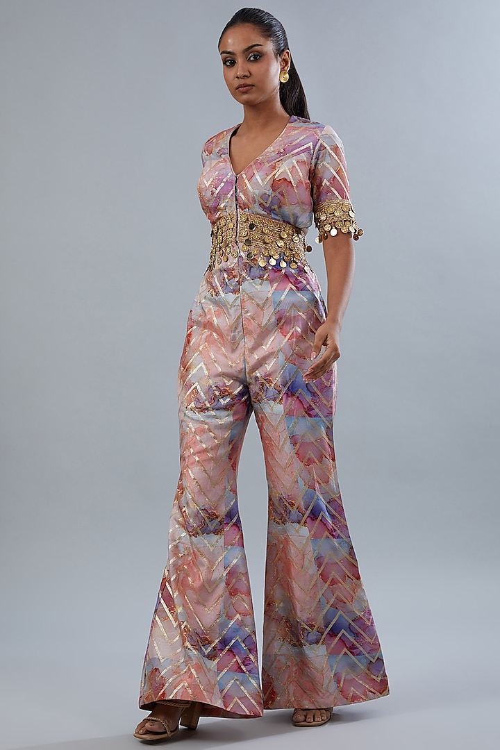 Multi-Colored Chanderi Digital Printed & Hand Embroidered Jumpsuit by Akanksha Mago at Pernia's Pop Up Shop