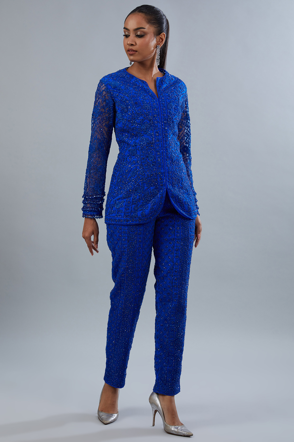 Blue Net Hand Embellished Co-Ord Set by Akanksha Mago at Pernia's Pop Up Shop