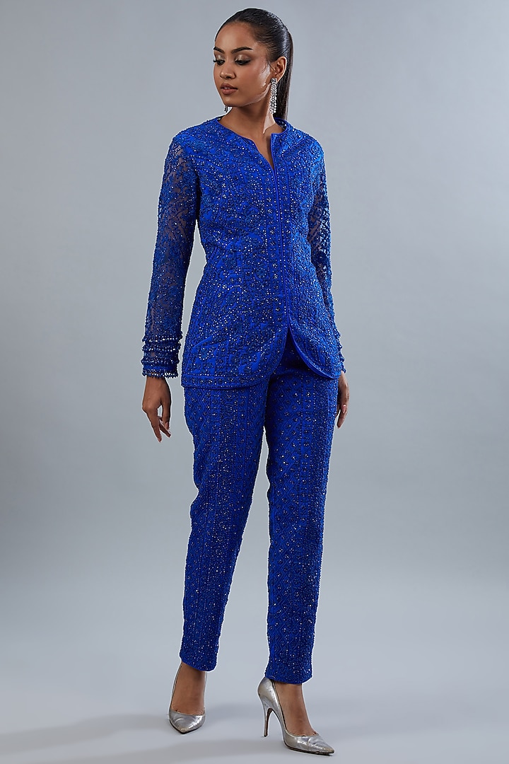 Blue Net Hand Embellished Co-Ord Set by Akanksha Mago at Pernia's Pop Up Shop