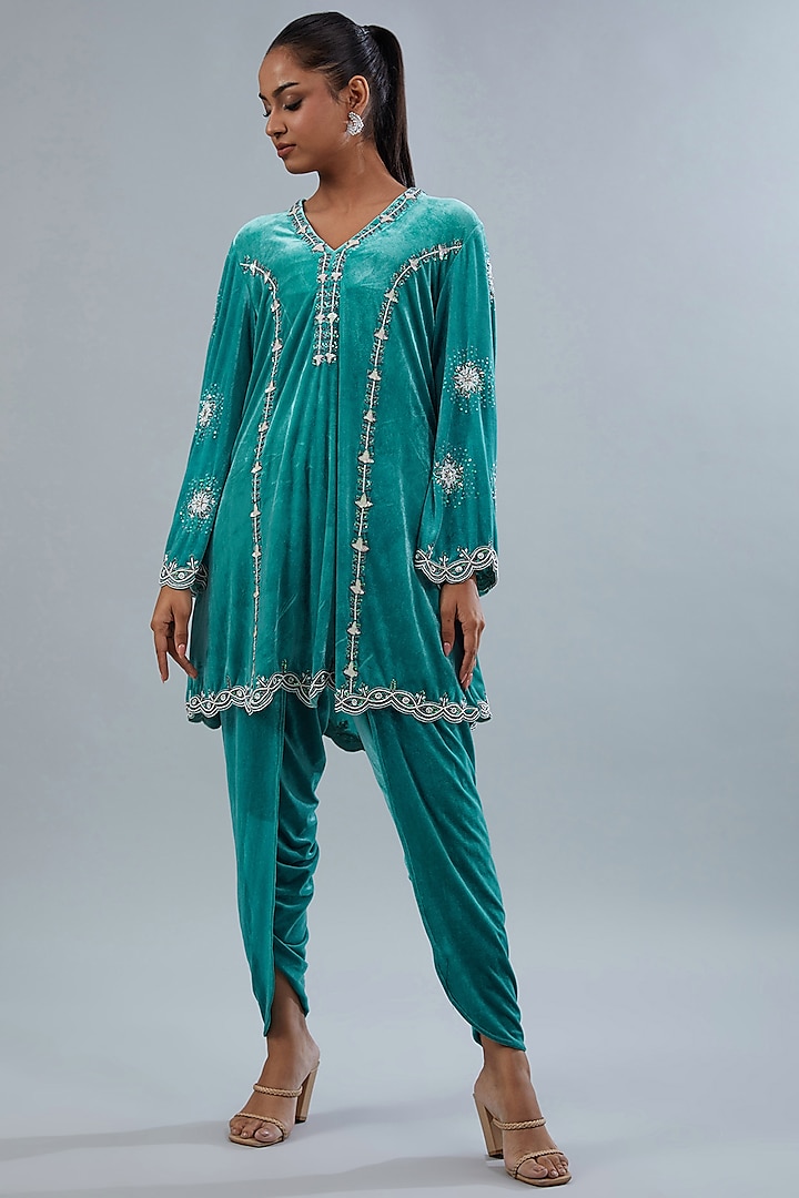 Blue Micro Velvet Sequins Hand Embellished Tunic Set by Akanksha Mago at Pernia's Pop Up Shop