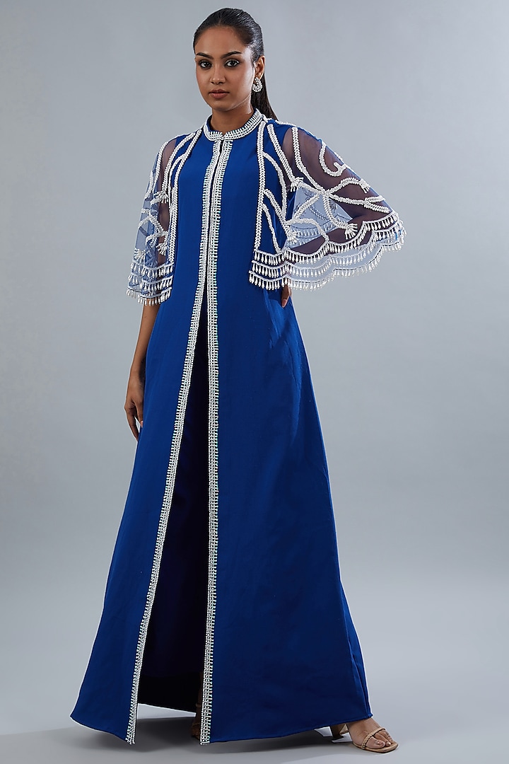 Electric Blue Net Cape Set by Akanksha Mago