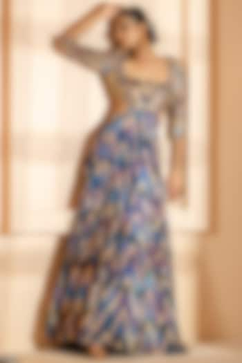 Blue Georgette Lurex Printed Cut-Out Anarkali Gown by Akanksha Mago at Pernia's Pop Up Shop