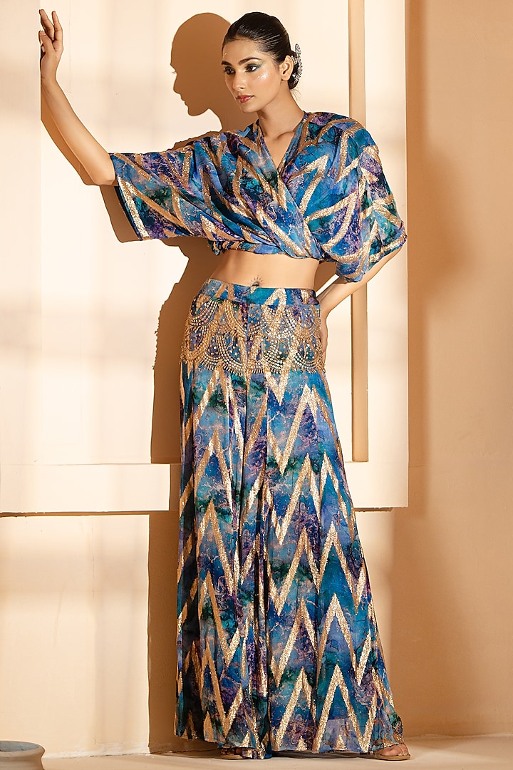 Blue Georgette Lurex Printed Sharara Set by Akanksha Mago at Pernia's Pop Up Shop