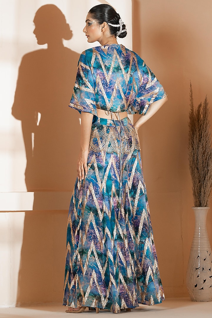 Blue Georgette Lurex Printed Wedding Sharara Set by Akanksha Mago at Pernia's Pop Up Shop