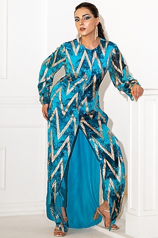 Blue Georgette Lurex Printed Co-Ord Set by Akanksha Mago
